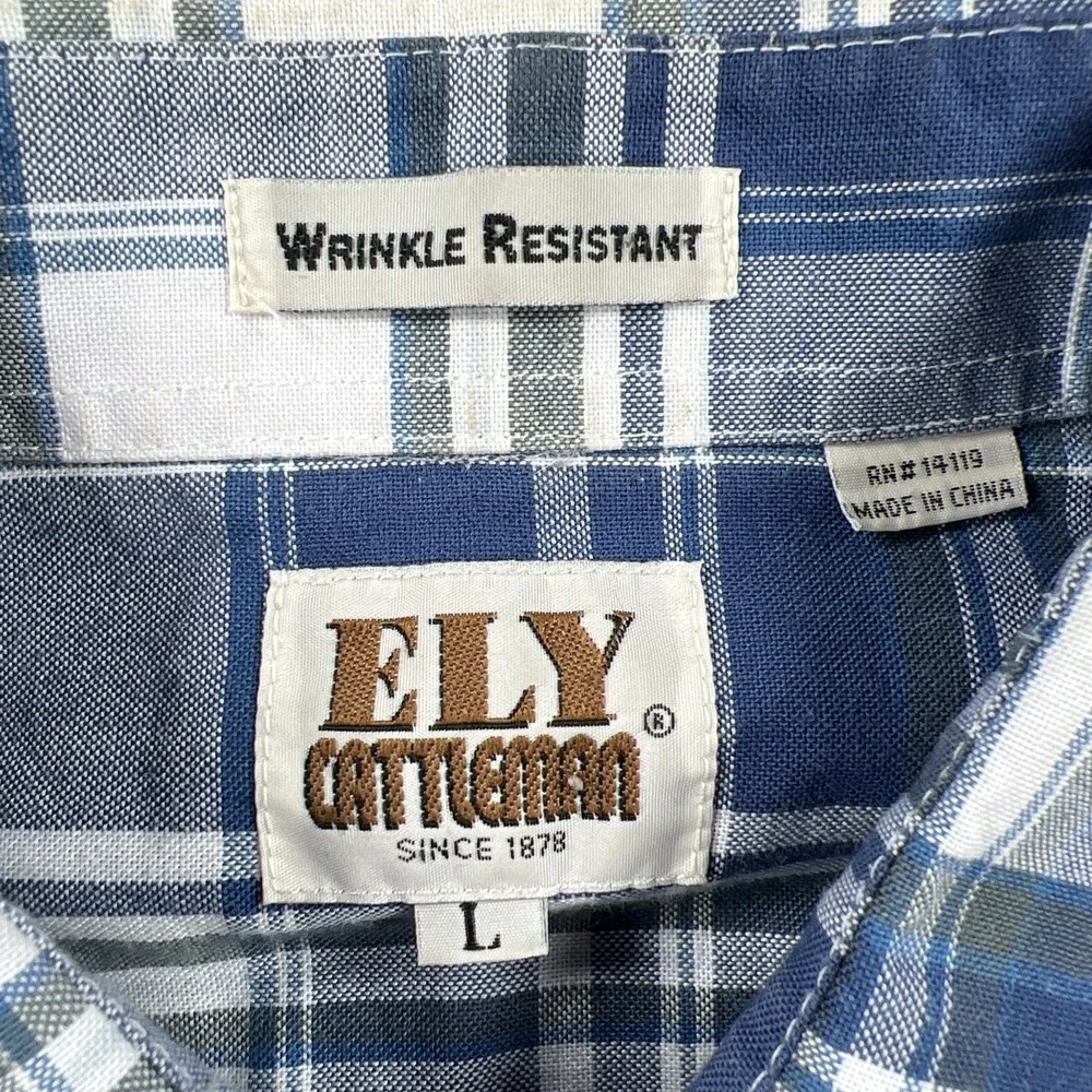 Ely Cattleman Pearl Snap Shirt Mens Large Blue Plaid Wrinkle Resistant